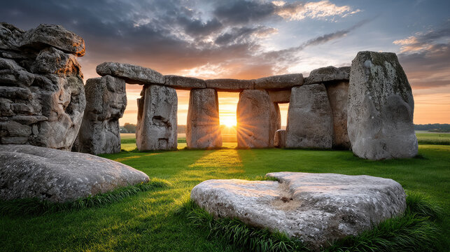 Ancient Stonehenge structure standing in a green field during sunrise, framed by large rocks, light illuminating the historic stones at dawn, celebrating summer solstice