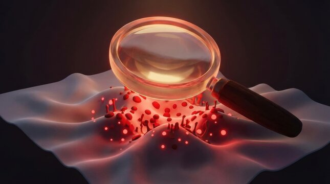A magnifying glass reveals red glowing pests on white bedding. This represents a professional pest control inspection for bed bugs or germs. Ideal for hygiene and sanitation service marketing.
