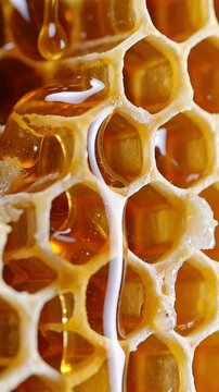 Golden organic honey dripping down hexagonal wax honeycomb cells with bright glistening liquid texture in macro closeup