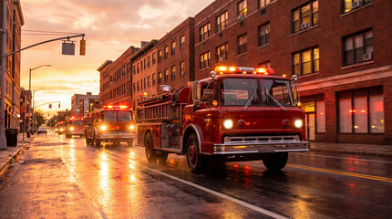 Fototapeta premium Convoy of Red Fire Trucks Drive Along a Wet City Street During a Golden Sunset