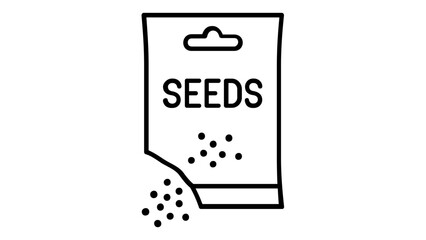 Fototapeta premium Minimalist seed packet vector icon illustration featuring an open bag with seeds falling out. Clean black line art design for agriculture, gardening, farming, and planting projects. Scalable graphic.