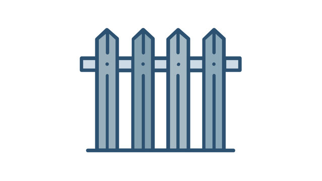 Minimalist blue vector icon illustration of a wooden picket fence for garden boundary, backyard security, and agriculture farming concepts, scalable flat line art design on white background.