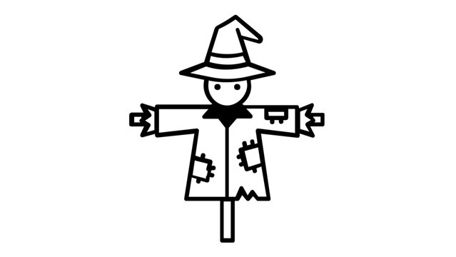 Scarecrow Vector Icon Illustration: Minimalist Black and White Line Art of a Traditional Farm Scarecrow with a Pointy Hat and Patched Coat, Ideal for Agriculture, Harvest, and Autumn Design Projects.
