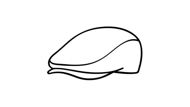 Minimalist flat cap vector icon illustration, simple black line art of a newsboy cap or ivy hat, scalable graphic design element for fashion, agriculture, and lifestyle branding.