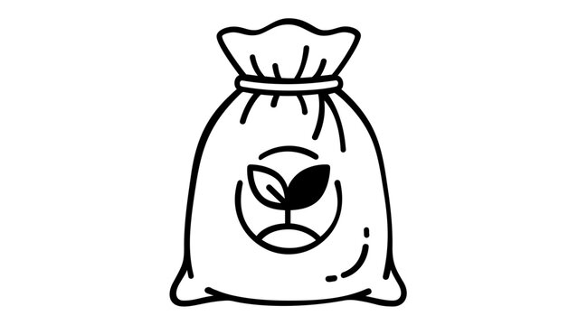 Minimalist vector icon illustration of a sack of seeds or fertilizer for agriculture and farming, featuring a clean line art design of a burlap bag with a leaf sprout symbol for gardening.
