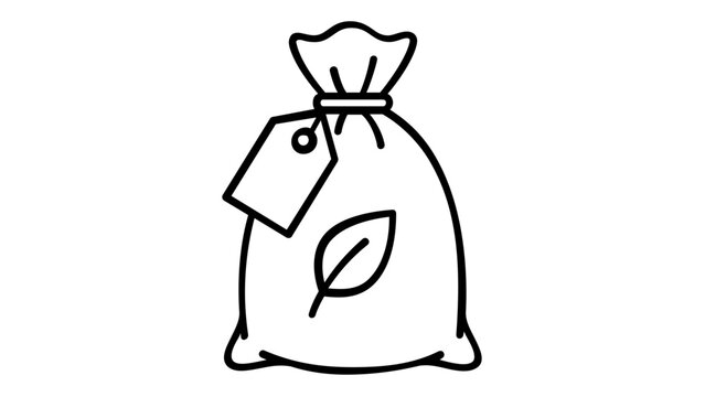 Minimalist vector icon illustration of an organic seed sack or fertilizer bag featuring a leaf symbol and price tag, ideal for agriculture, farming, eco-friendly gardening, and sustainable food.