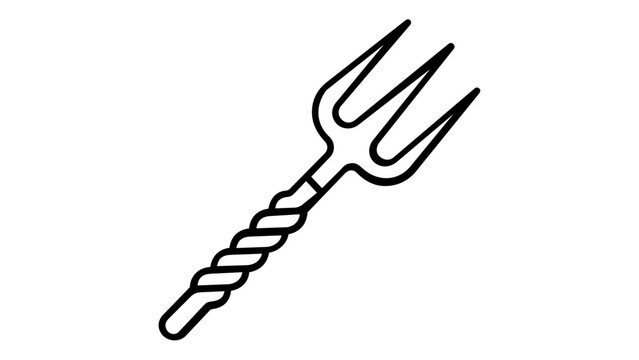 Professional vector icon illustration of a pitchfork or trident, a classic farming and gardening tool for agriculture, featuring sharp tines and a twisted handle, minimalist line art style.