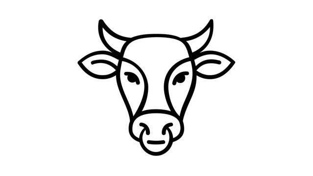 Minimalist vector icon illustration of a bull or cow head with horns and a nose ring. Clean black line art for agriculture, farming, livestock, and dairy industry branding. AI-generated.