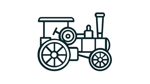 Vintage steam tractor line icon vector illustration. Minimalist flat design of an antique agricultural traction engine for farming, industrial history, and heritage machinery concepts.