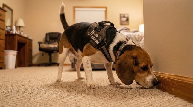 A beagle wearing a K9 pest detection harness sniffs a room's baseboard. Professional pest control service using trained animals to find insects. Ideal for pest management marketing materials.
