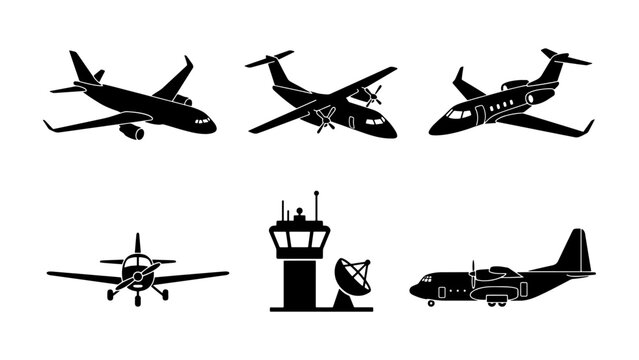 Aviation silhouette icons set, commercial airplane and private jet vector graphics, airport control tower and radar symbols for travel design