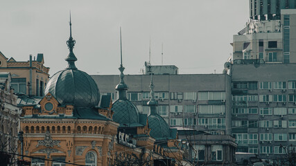 Onion domes of a historic building against a grey urban skyline  © Дмитро Ганжеєв