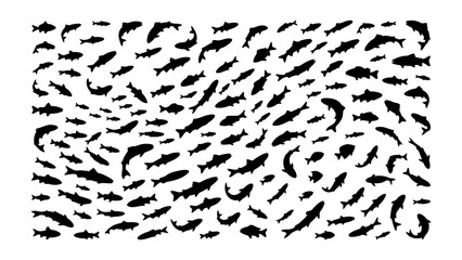 Black fish silhouette collection, school of fish swimming in various directions, aquatic animal vector set for marine life patterns and nature designs © Mohsin