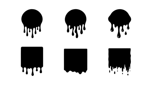 Black dripping paint silhouettes, set of 6 liquid drip circle and square shapes, melting ink splatter vector icons for street art and graphic design