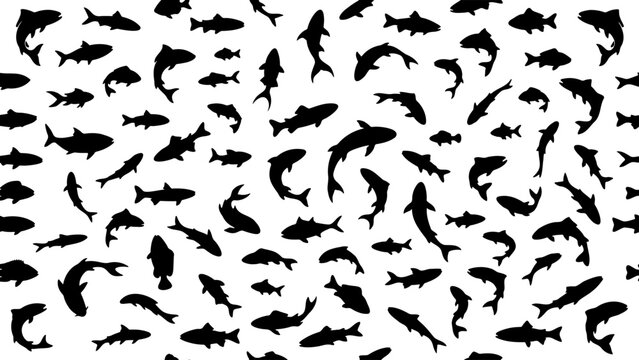 Black fish silhouettes seamless pattern, aquatic animal school vector background, monochrome underwater sea life wallpaper for textile design