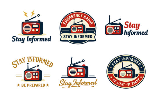 Vintage emergency radio logos with stay informed slogan