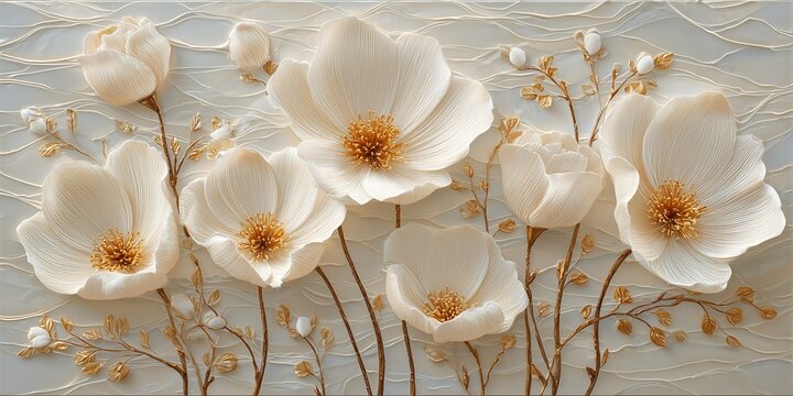 Elegant 3D textured white flowers with golden branches and embossed floral petals on wavy cream background, concept for luxury interior design, modern wall wallpaper and decorative art