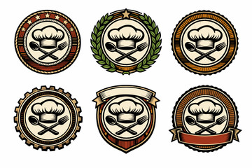 Naklejka premium Vintage culinary emblems featuring chef hat and utensils in various designs