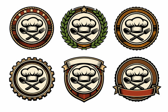 Vintage culinary emblems featuring chef hat and utensils in various designs