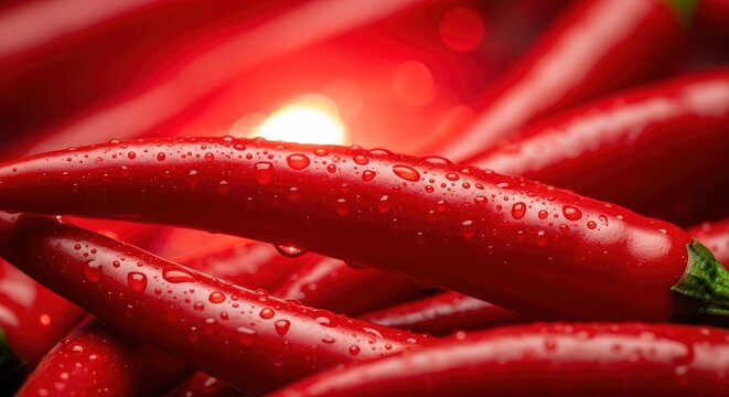 A vibrant stack of fresh red, green, and yellow chili peppers covered in water droplets against a dark background.