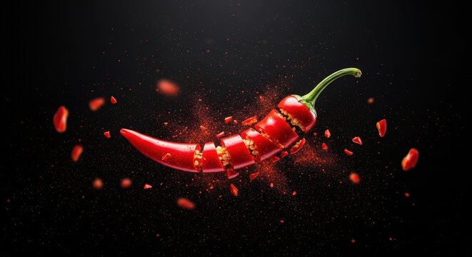 A vibrant stack of fresh red, green, and yellow chili peppers covered in water droplets against a dark background.