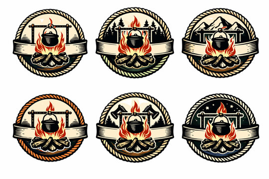 Vintage campfire badges with hanging pots and mountains scene