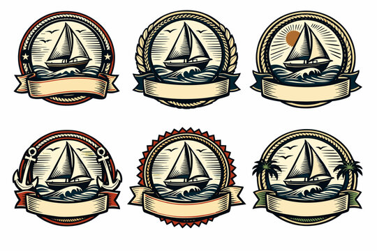 Nautical badge collection with sailboats and ocean themes