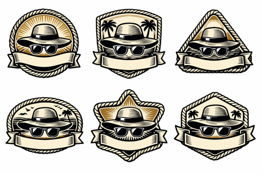 Vintage beach logo set with sunglasses and hat designs