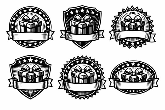 Vintage black and white gift badge collection with stars and ribbons