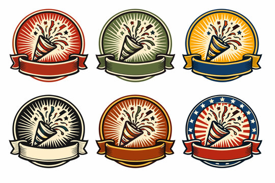 Vintage badge collection with celebratory fireworks and banners