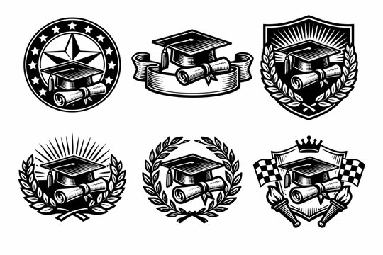 Graduation symbols with diplomas and caps in vintage emblem styles