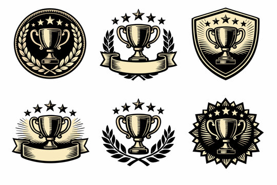 Vintage trophy emblems: award badges with stars, laurel wreaths, and banners