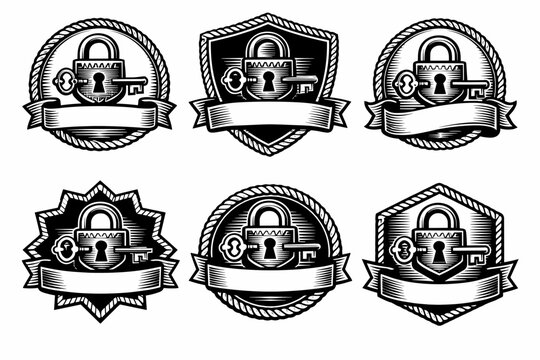 Vintage lock and key emblem set with banners in monochrome design