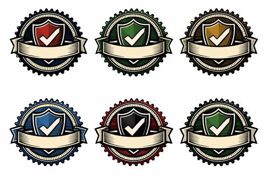 Colorful badge collection featuring checkmark shields and blank ribbons