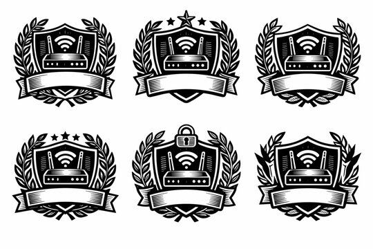 Vintage wifi emblems: router and shield designs with laurel and padlock elements