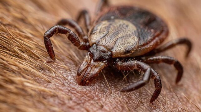 Tick Attached to Animal Skin Macro. Extreme macro photo of a tick attached to animal skin, showing detailed body texture, legs, and parasite feeding behavior.
