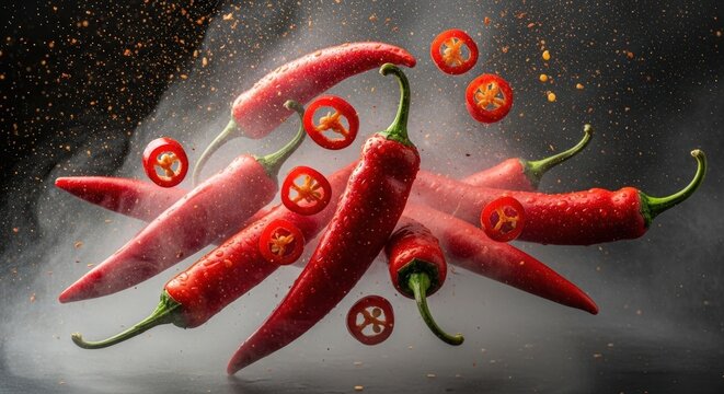 A vibrant stack of fresh red, green, and yellow chili peppers covered in water droplets against a dark background.
