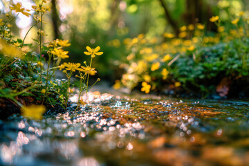 Naklejka premium Vibrant yellow wildflowers blooming beside a gently flowing stream in a sunlit forest with soft focus background and sparkling water reflections