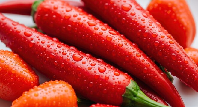 A vibrant stack of fresh red, green, and yellow chili peppers covered in water droplets against a dark background.