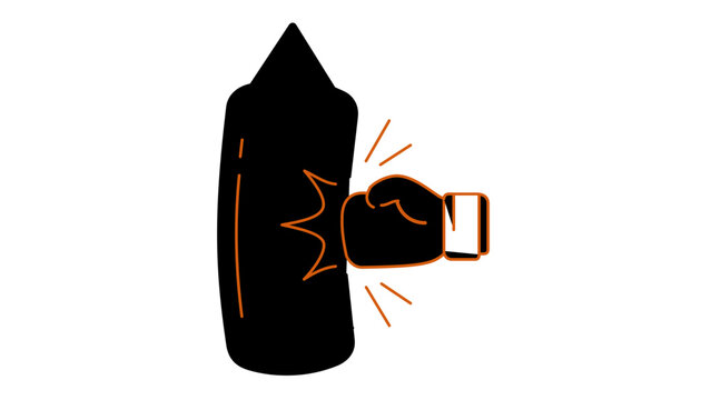 Vector icon illustration of a boxing glove striking a heavy punching bag. Minimalist flat design silhouette with orange outlines, ideal for gym, fitness, combat sports, and workout concepts.
