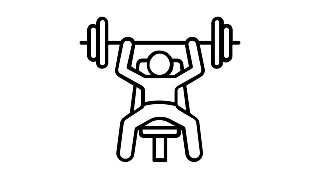 Minimalist vector icon illustration of a person performing a bench press with a heavy barbell on a weight bench, ideal for fitness, gym, bodybuilding, strength training, and workout applications.