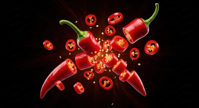 A vibrant stack of fresh red, green, and yellow chili peppers covered in water droplets against a dark background.