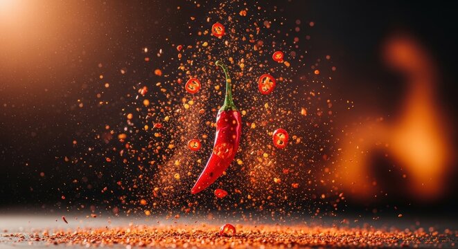 A vibrant stack of fresh red, green, and yellow chili peppers covered in water droplets against a dark background.