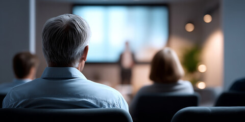 Fototapeta premium Audience listening to a speaker during a professional presentation in a modern conference room with blurred background