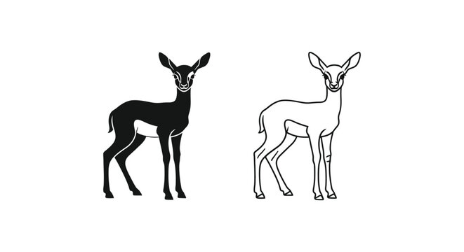 Antelope Baby Animals: Black & White Deer Silhouettes Vector