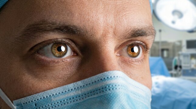 Close up surgeon eyes wearing protective mask in operating room. Focused medical professional performing critical trauma surgery. Ideal for healthcare and emergency services content.