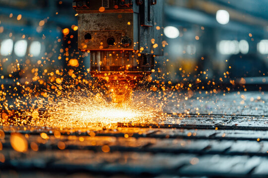 Industrial metal cutting machine producing bright sparks while shaping steel sheets in a factory with a blurred background and vibrant glowing particles