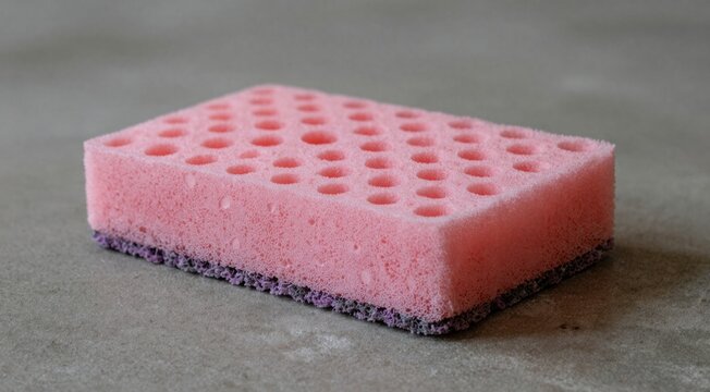 Pink cleaning sponge with holes on grey background. Household dishwashing tool close up. Hygiene and housework concept