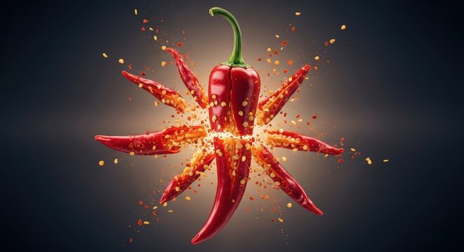 A vibrant stack of fresh red, green, and yellow chili peppers covered in water droplets against a dark background.