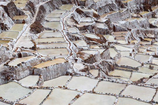 Abstract pattern of the ancient Maras salt mines (Salineras de Maras) in the Sacred Valley, Peru